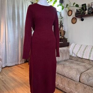 Calvin Klein Jeans Ribbed Knit Maxi Sweater Dress Burgundy Wine PXL Long Sleeve